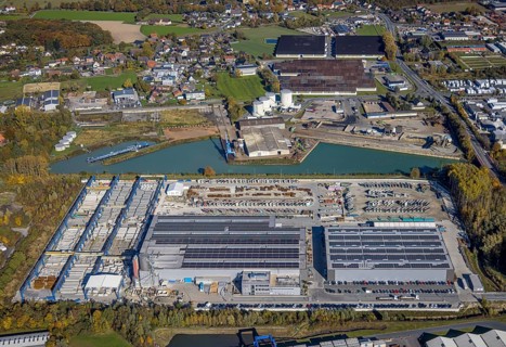 Aerial view, Goldbeck Betonelemente GmbH and Varo tank farm at the Datteln-Hamm canal in the