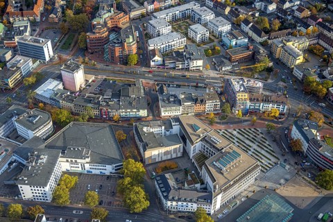 Aerial view, City Neue Bahnhofstraße with new building and Westentorbunker in the district Mitte in