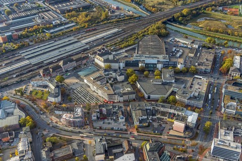 Aerial view, city centre view with central station and Platz der Deutschen Einheit in the district