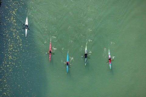 Aerial view, kayaking on the river Lippe in the district Mitte in Hamm, Ruhr area, North