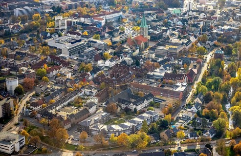 Aerial view, City with evang. Pauluskirche and Westfälischer Anzeiger Pressehaus Gutenbergstraße in
