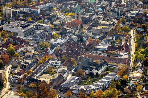 Aerial view, City with evang. Pauluskirche and Westfälischer Anzeiger Pressehaus Gutenbergstraße in