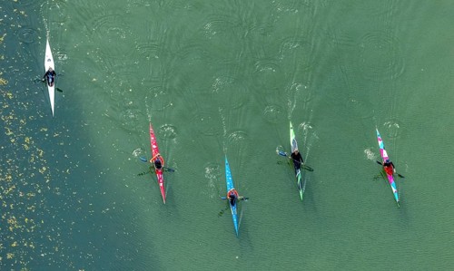 Aerial view, kayaking on the river Lippe in the district Mitte in Hamm, Ruhr area, North