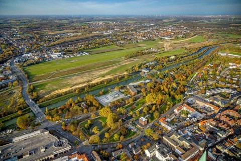 Aerial view, water sports centre at Nordringpark and Hamm airfield and new course of the flood
