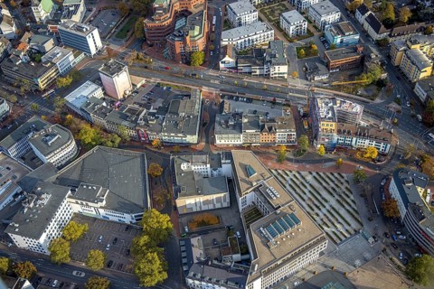 Aerial view, City Neue Bahnhofstraße with new building and Westentorbunker in the district Mitte in