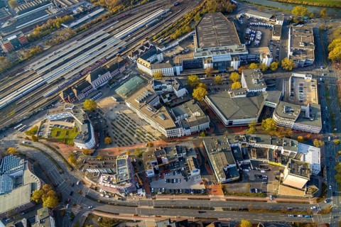 Aerial view, city centre at Platz der Deutschen Einheit and new building at Neue Bahnhofstraße in