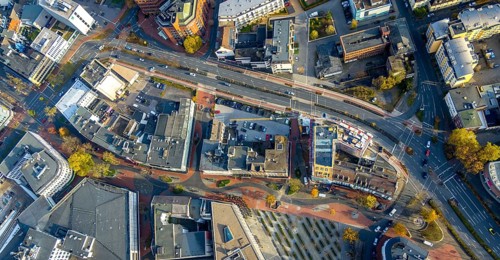 Aerial view, city centre at Platz der Deutschen Einheit and new building on Neue Bahnhofstraße in