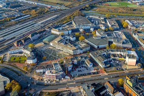 Aerial view, city centre at Platz der Deutschen Einheit and new building at Neue Bahnhofstraße in