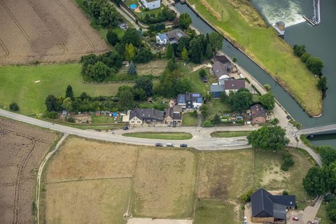 Aerial view, at the Dahlhauser swimming bridge, a week ago there was still land under water at this