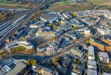 Aerial view, city centre at Platz der Deutschen Einheit and new building at Neue Bahnhofstraße in