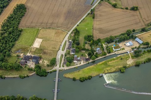 Aerial view, at the Dahlhauser swimming bridge, a week ago there was still land under water at this