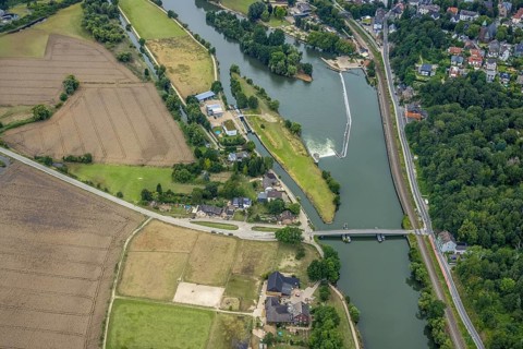 Aerial view, at the Dahlhauser swimming bridge, a week ago there was still land under water at this