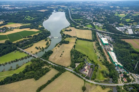 Aerial view, Haus Kemnade, a week ago there was still land under water here - the Ruhr was