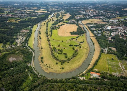 Aerial view, the Ruhr loop near Hattingen at Isenburgstraße, a week ago there was still land under