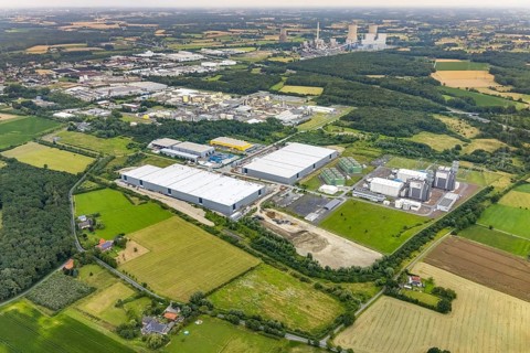 Aerial view, construction site and new building DistributionPark Hamm, Trianelstraße and