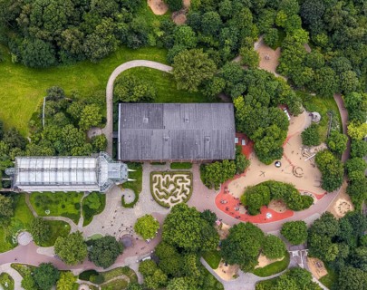 Aerial view, Maximilianpark leisure park, maze and glass elephant, Uentrop, Hamm, Ruhr area, North