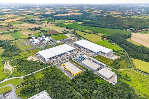 Aerial view, construction site and new building DistributionPark Hamm, Trianelstraße and