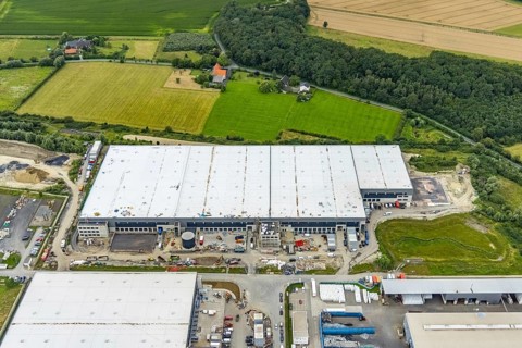 Aerial view, construction site and new building in DistributionPark Hamm, Trianelstraße and