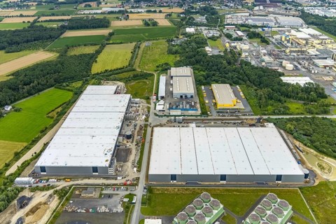 Aerial view, construction site and new building DistributionPark Hamm, Trianelstraße and