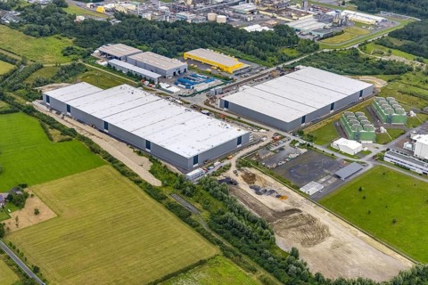 Aerial view, construction site and new building DistributionPark Hamm, Trianelstraße and