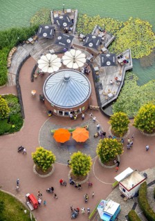 Aerial view, Maximilianpark leisure park, kiosk at the lake, Uentrop, Hamm, Ruhr area, North