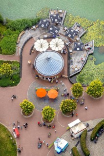Aerial view, Maximilianpark leisure park, kiosk at the lake, Uentrop, Hamm, Ruhr area, North