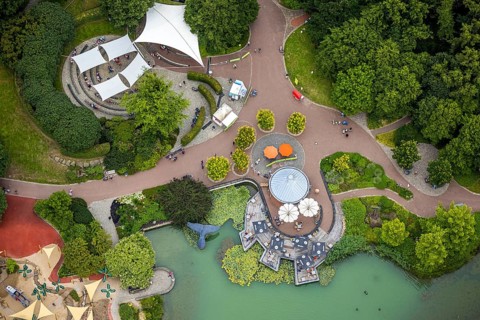 Aerial view, Maximilianpark leisure park, kiosk at the lake, Uentrop, Hamm, Ruhr area, North