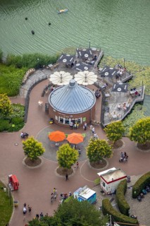 Aerial view, Maximilianpark leisure park, kiosk at the lake, Uentrop, Hamm, Ruhr area, North
