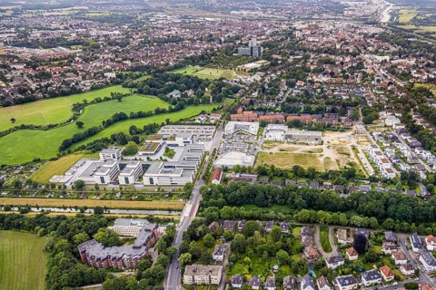 Aerial view, construction area SCI:Q Science Quarter Hamm, Paracelsuspark, Hamm-Lippstadt