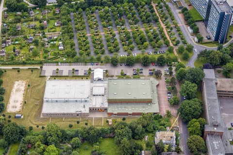 Aerial view, vaccination centre Hamm, new triple sports hall of the Friedensschule, centre, Hamm,