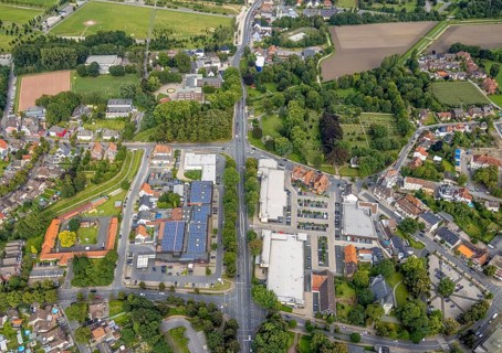 Aerial view, local supply centre with Rewe, Edeka and Aldi supermarket on Dortmunder Straße in