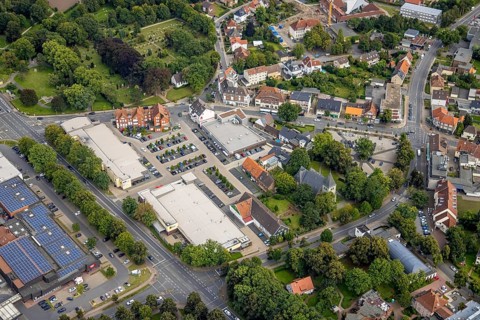 Aerial view, local supply centre with Rewe, Edeka and Aldi supermarket on Dortmunder Straße in