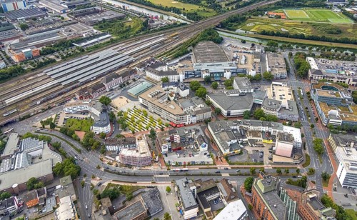 Aerial view, city centre view with Platz der Deutschen Einheit and Hamm Westf. Main railway station