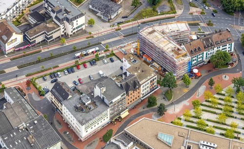 Aerial view, city centre view with Platz der Deutschen Einheit at Hamm main station as well as