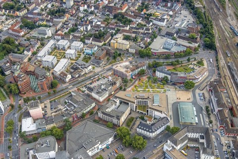 Aerial view, city centre view city with Platz der Deutschen Einheit at Hamm main station as well as
