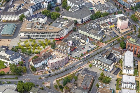 Aerial view, city centre view city with Platz der Deutschen Einheit at Hamm main station as well as