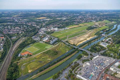 Aerial view, construction site of the Lippe floodplain experience project on the River Lippe and