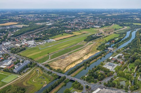 Aerial view, construction site of the Lippe floodplain experience project on the River Lippe and