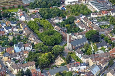 Aerial view, catholic Josefskirche and Viktoriaplatz in Mitte, Hamm, Ruhr area, North