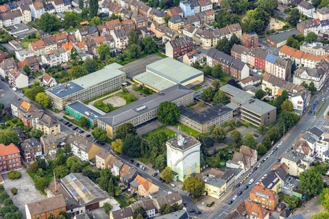 Aerial view, construction site and renovation Friedrich-List-Berufskolleg Hamm and