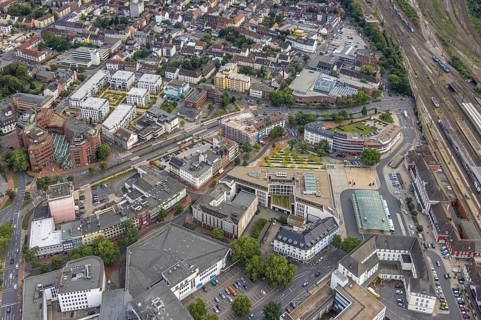 Aerial view, city centre view city with Platz der Deutschen Einheit at Hamm main station as well as