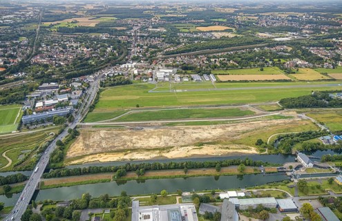 Aerial view, construction site of the Lippe floodplain experience project on the River Lippe and