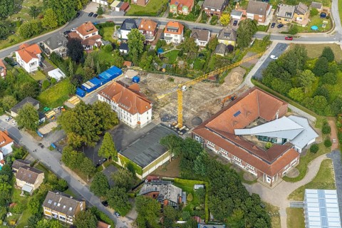 Aerial view, construction site with extension of the Falkschule / Arnold-Freymuth-Gesamtschule in