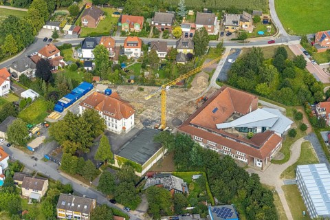 Aerial view, construction site with extension of the Falkschule / Arnold-Freymuth-Gesamtschule in