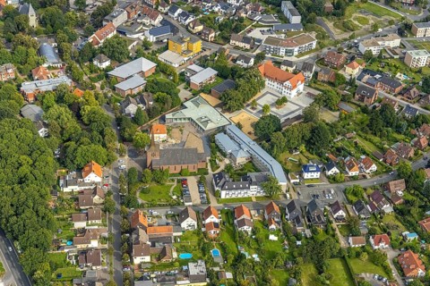 Aerial view, Heilig Kreuz catholic church and Caritas retirement home St. Josef in the district of