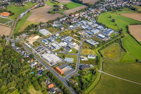 Aerial view, commercial quarter Hohefeld Herbert-Rust-Weg in the district Uentrop in Hamm, Ruhr