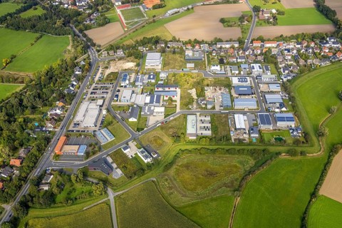 Aerial view, commercial quarter Hohefeld Herbert-Rust-Weg in the district Uentrop in Hamm, Ruhr