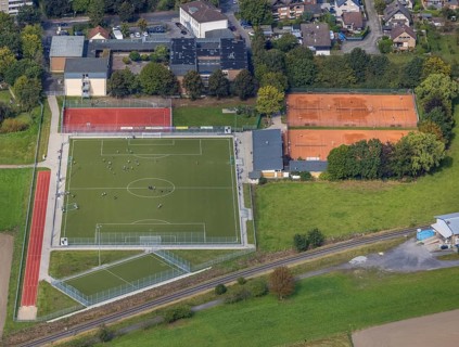 Aerial view, football training on the sports field Alte Soester Straße in the district Uentrop in