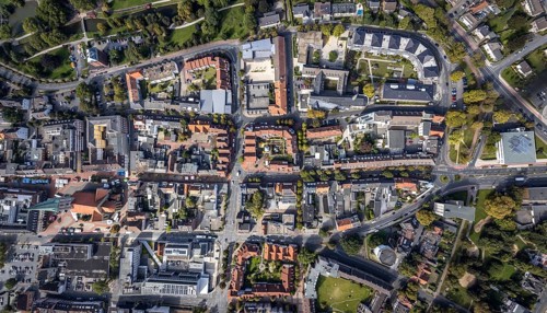Aerial view, residential area Nordenwall and Oststraße with catholic parish church St. Agnes and