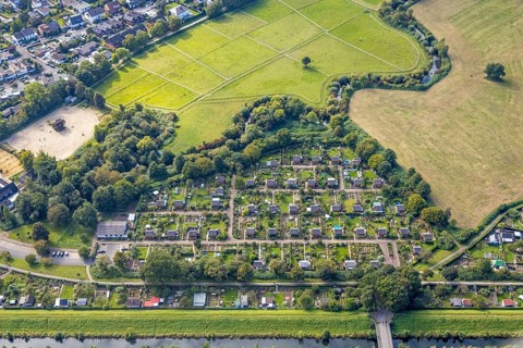Aerial view, meadows and fields at the allotment garden association Ahsetal in the district Mitte
